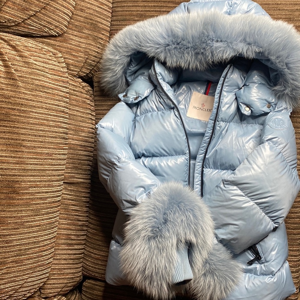 Moncler Blue Fox Puffer Coat for Girls